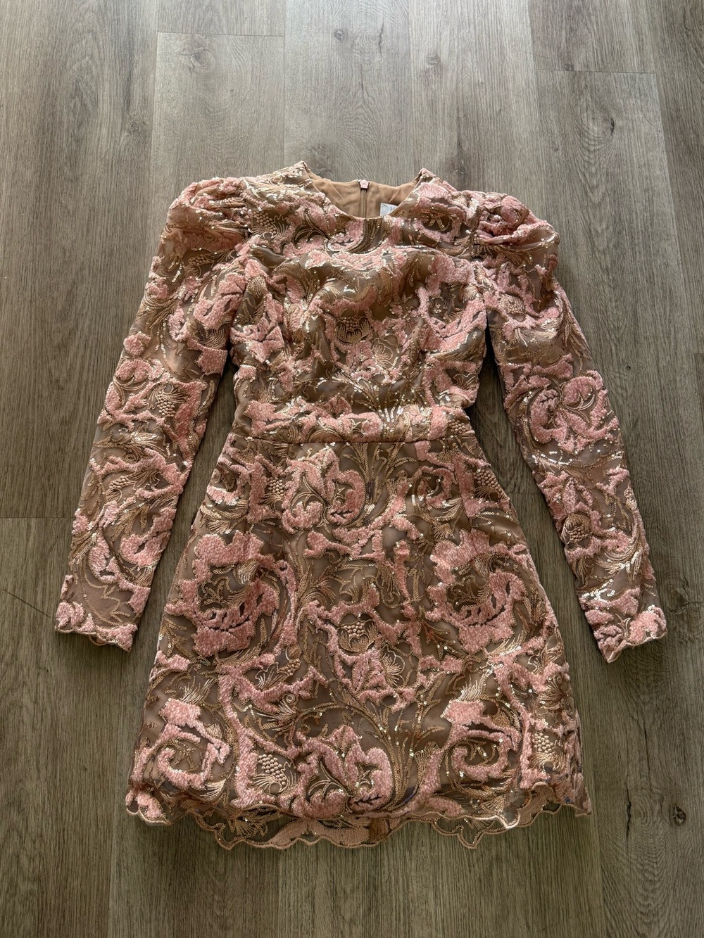 helsi ines pink & gold velvet embroidered sequin mesh long sleeve mini dress XS